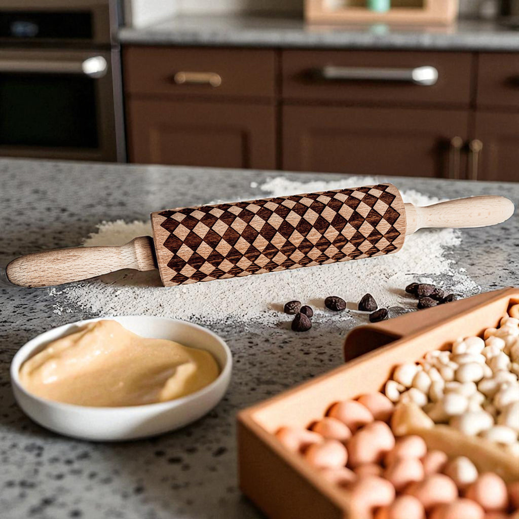 Handmade Wooden Embossed Courtly Check Rolling Pin — Select Your Style & Size