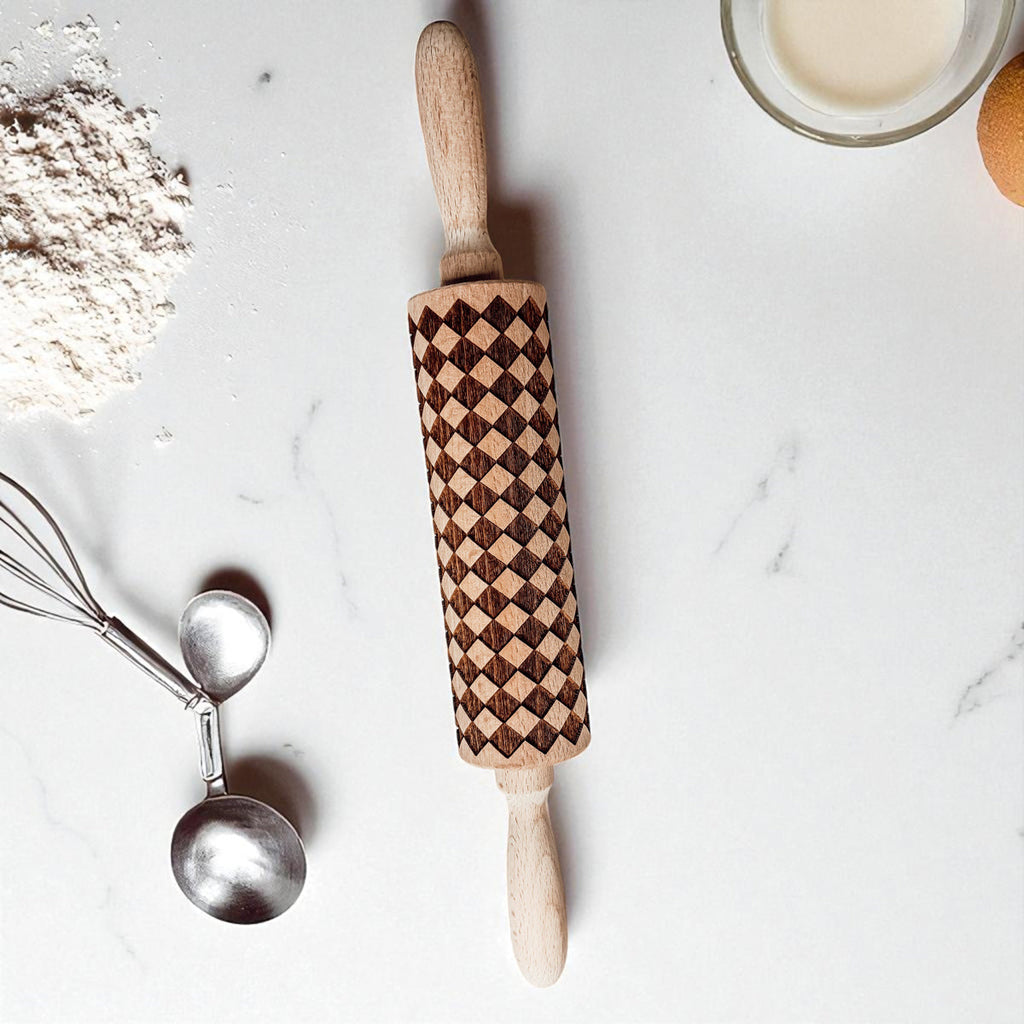 Handmade Wooden Embossed Courtly Check Rolling Pin — Select Your Style & Size
