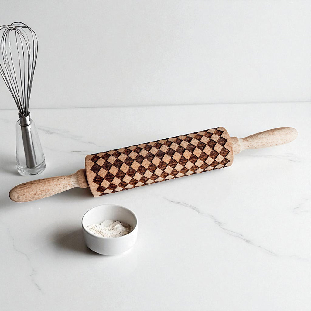 Handmade Wooden Embossed Courtly Check Rolling Pin — Select Your Style & Size