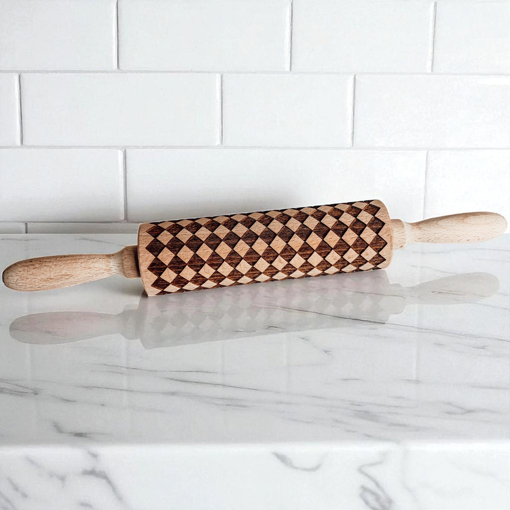 Handmade Wooden Embossed Courtly Check Rolling Pin — Select Your Style & Size