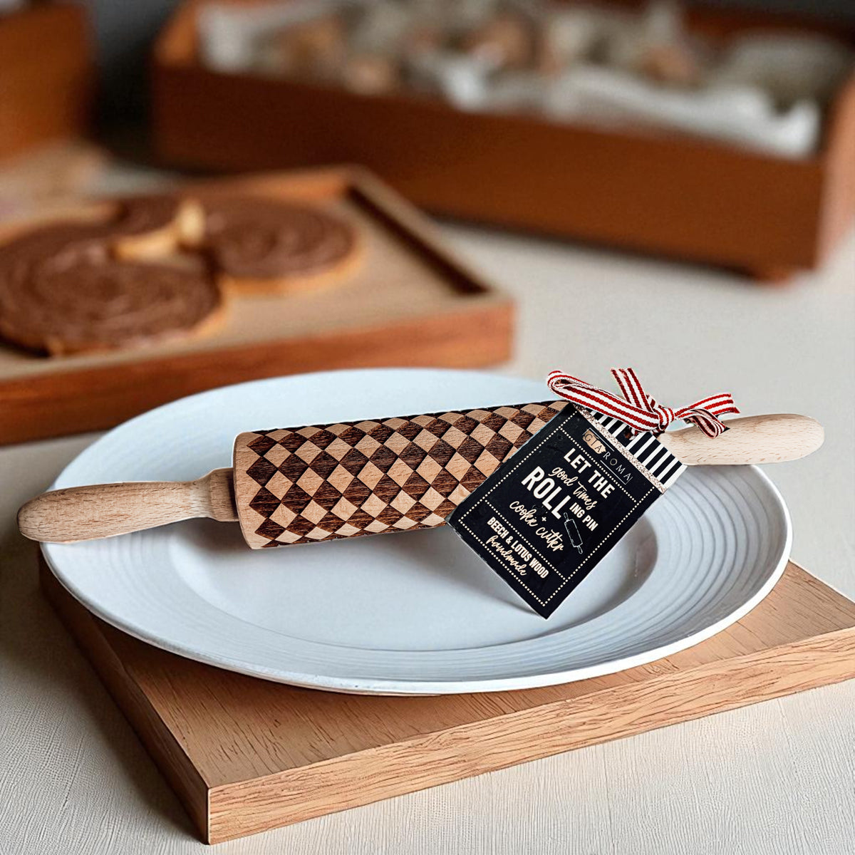 Handmade Wooden Embossed Courtly Check Rolling Pin — Select Your Style & Size