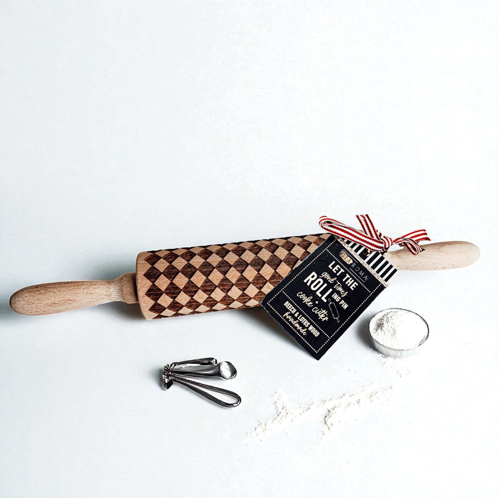 Handmade Wooden Embossed Courtly Check Rolling Pin — Select Your Style & Size