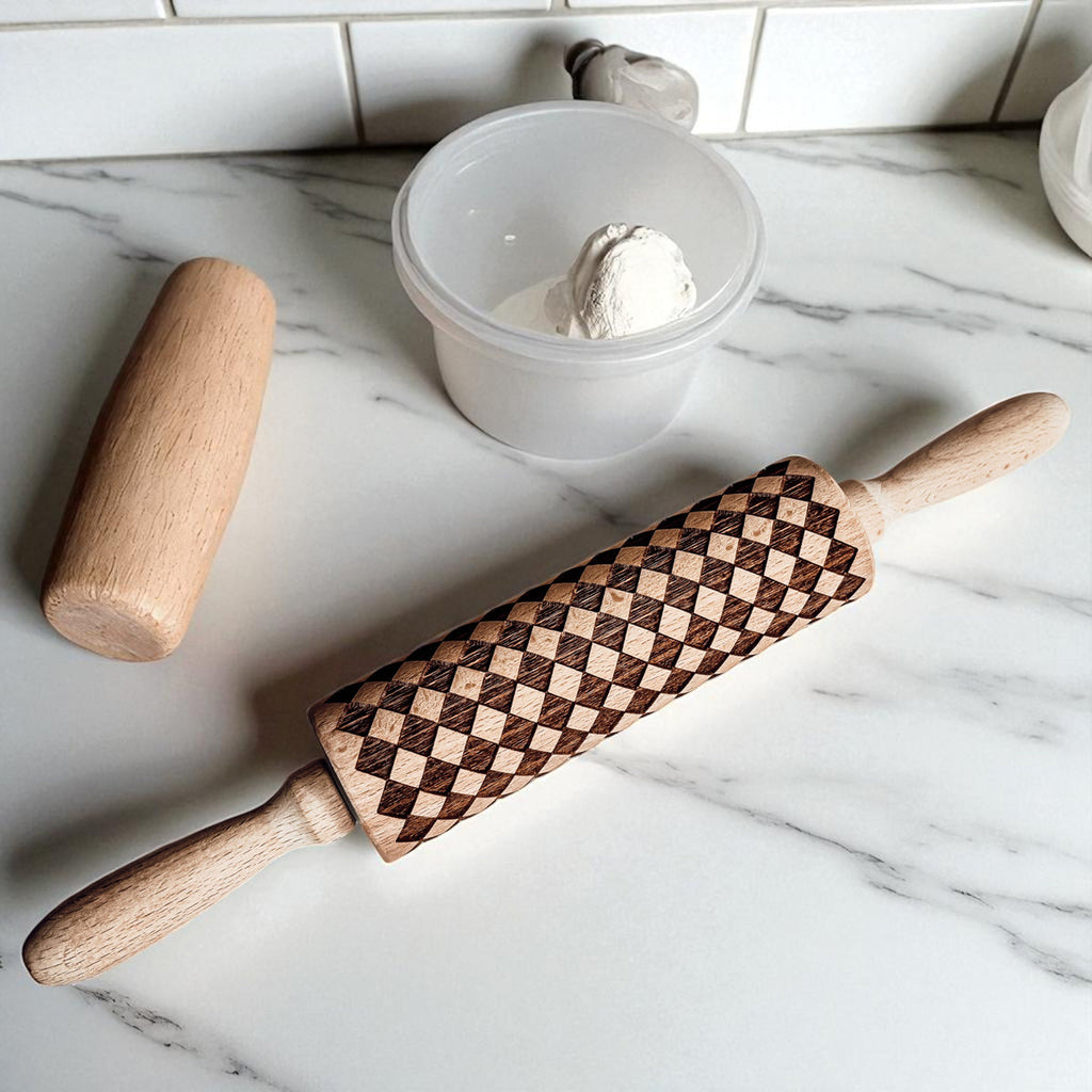 Handmade Wooden Embossed Courtly Check Rolling Pin — Select Your Style & Size