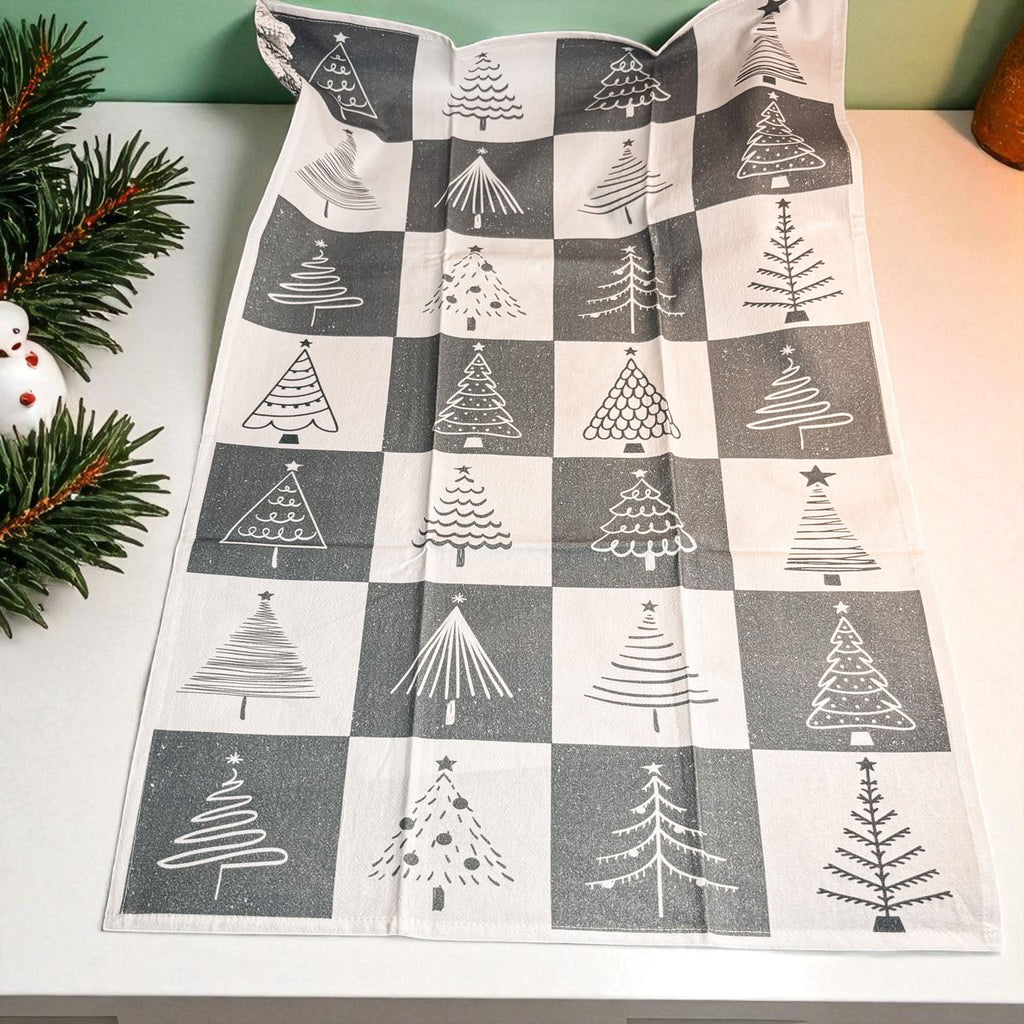 Hand-Drawn Christmas Tree Block Pattern Kitchen Towel