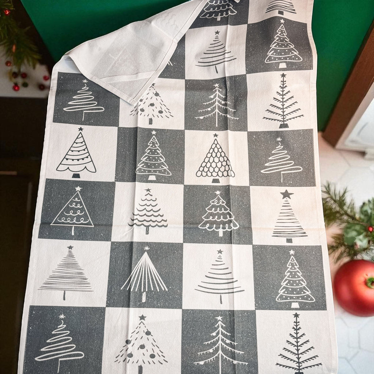 Hand-Drawn Christmas Tree Block Pattern Kitchen Towel