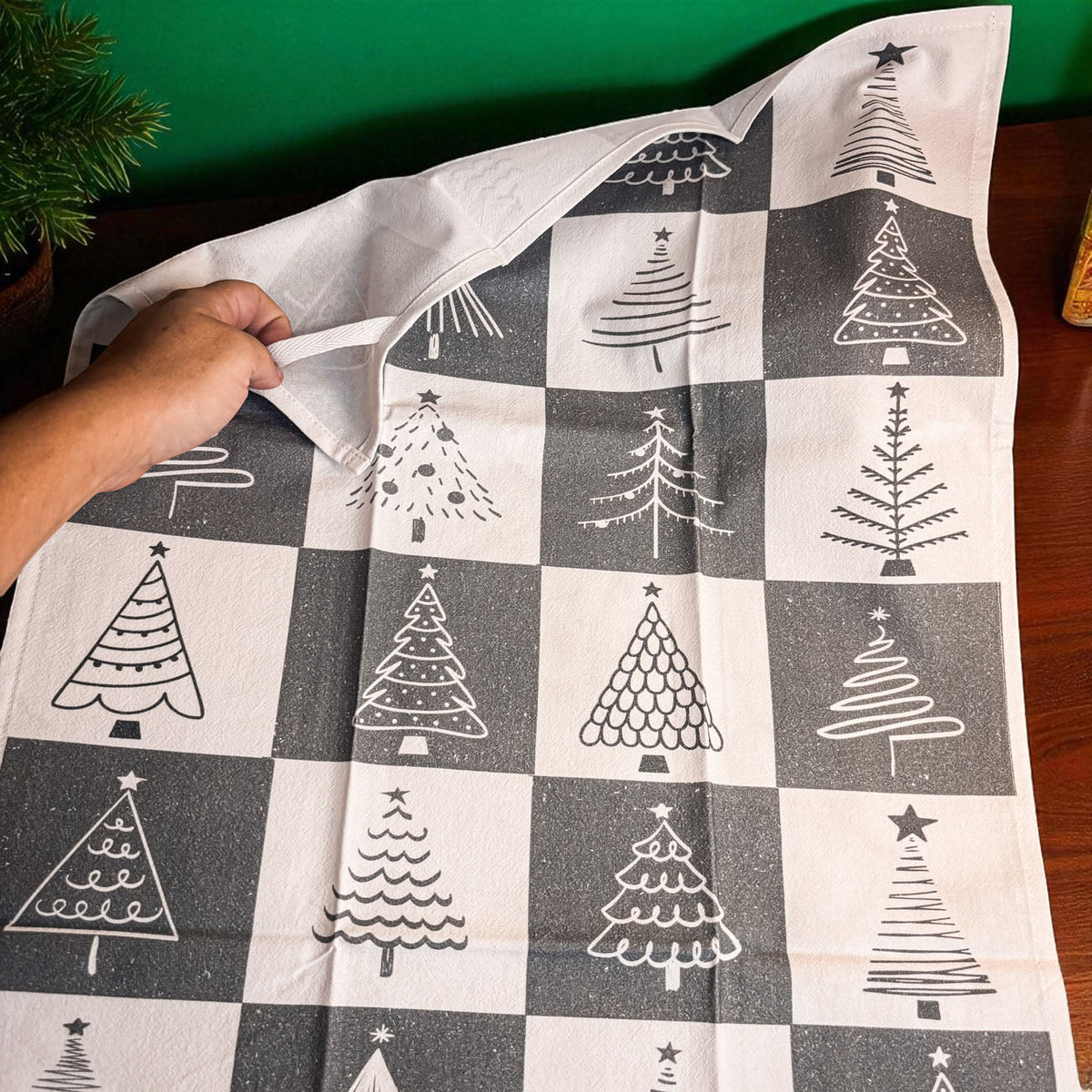 Hand-Drawn Christmas Tree Block Pattern Kitchen Towel