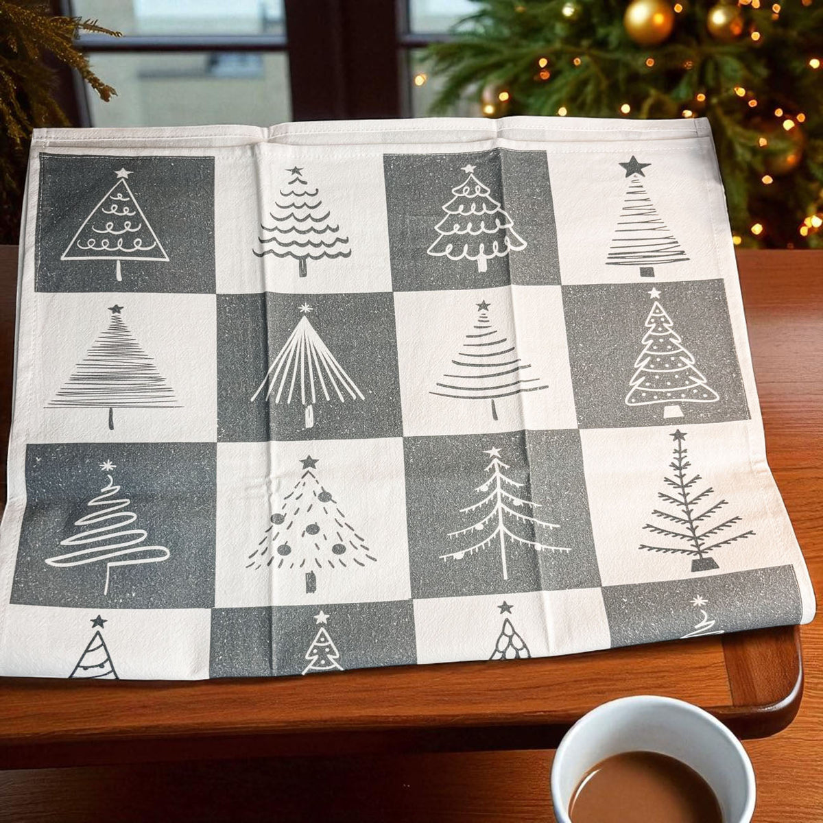 Hand-Drawn Christmas Tree Block Pattern Kitchen Towel