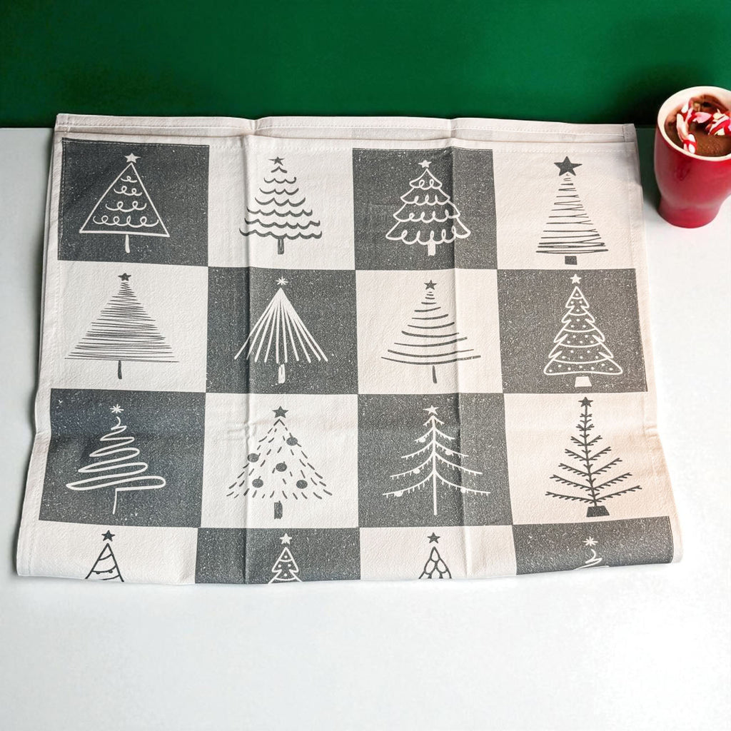 Hand-Drawn Christmas Tree Block Pattern Kitchen Towel