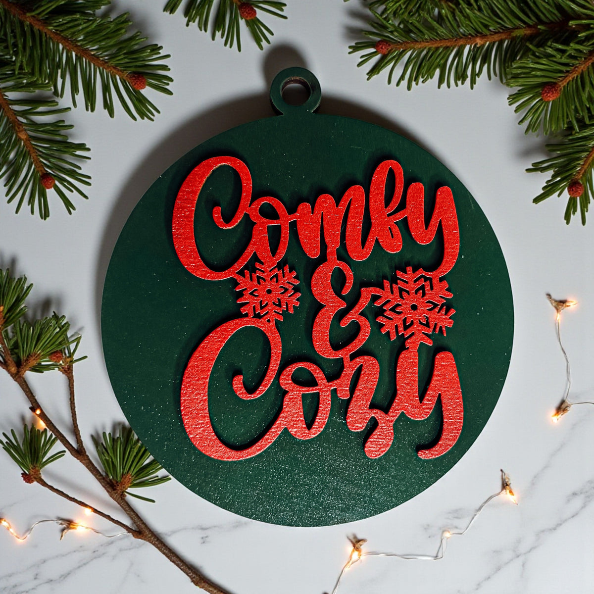 Wooden "Comfy & Cozy" Christmas Ornament — Select Your Color