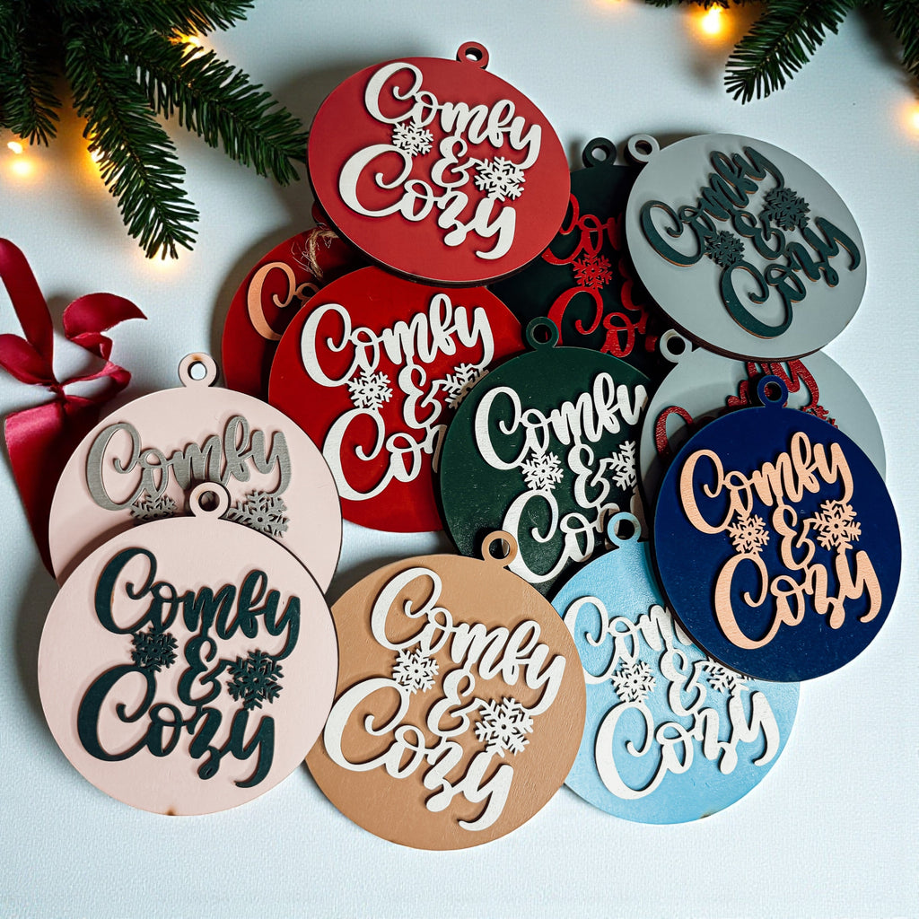 Wooden "Comfy & Cozy" Christmas Ornament — Select Your Color