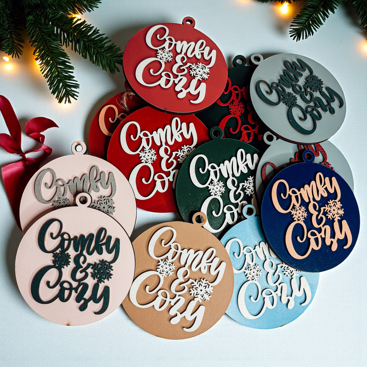Wooden "Comfy & Cozy" Christmas Ornament — Select Your Color