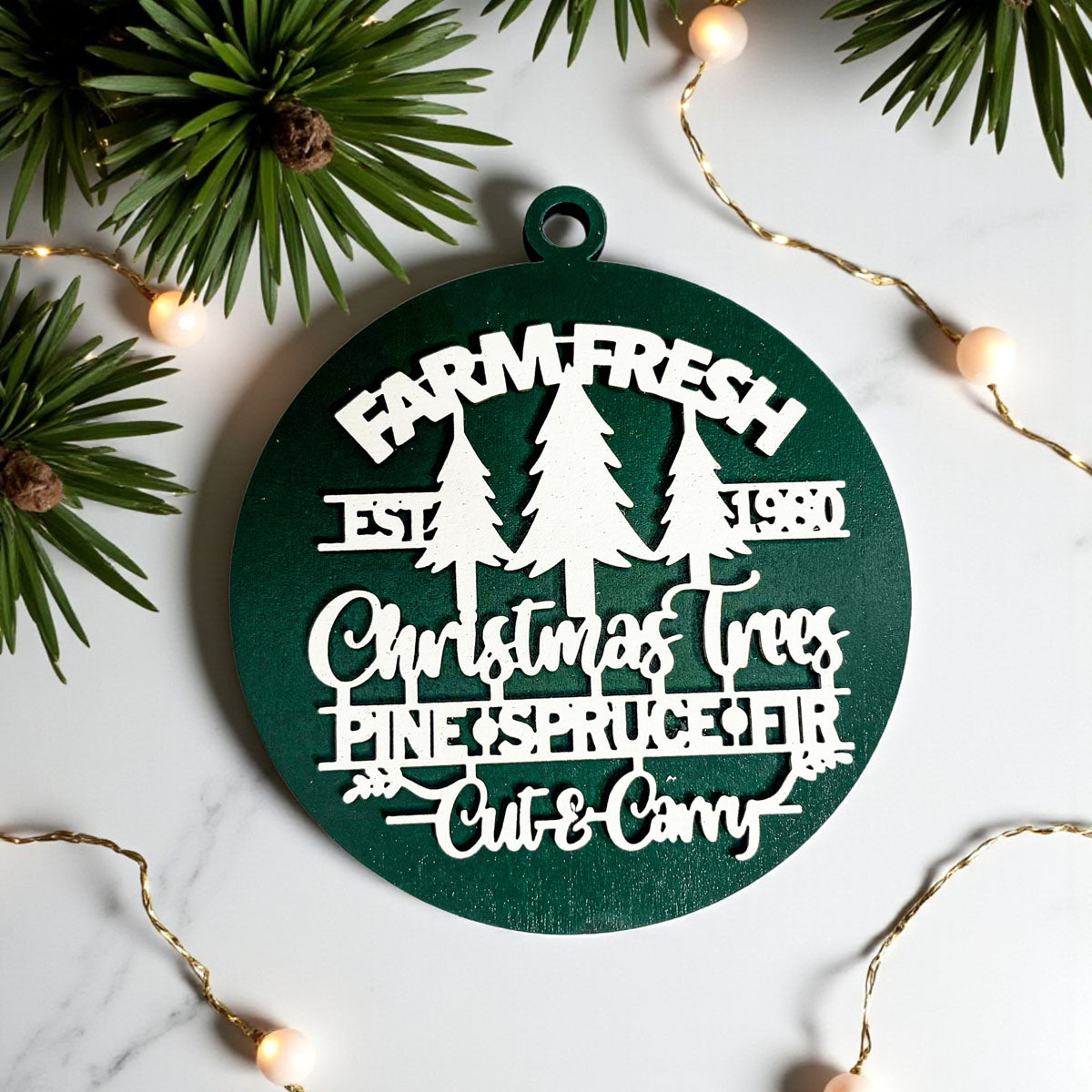 Wooden "Farm Fresh Christmas Trees..." Christmas Ornament — Select Your Color