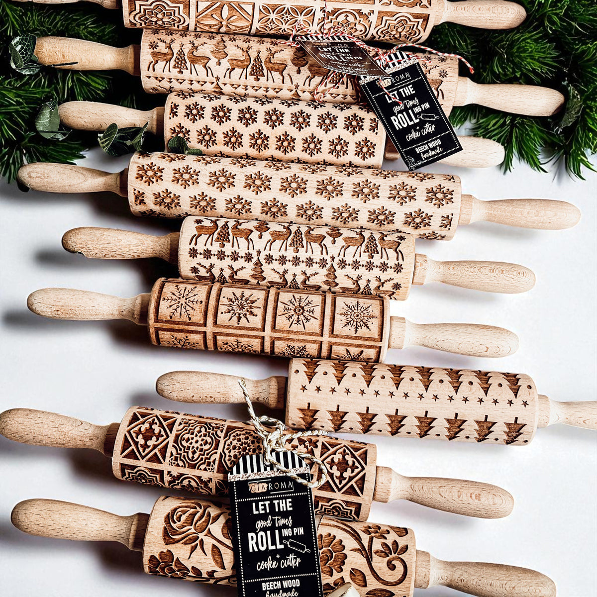 Handmade Wooden Embossed Christmas Rolling Pin Set — Select Your Style & Size