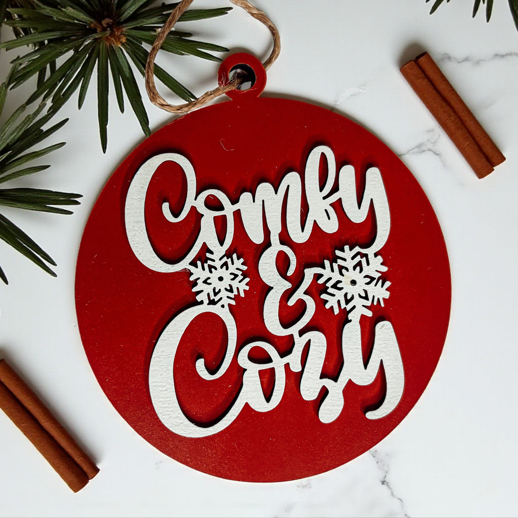 Wooden "Comfy & Cozy" Christmas Ornament — Select Your Color