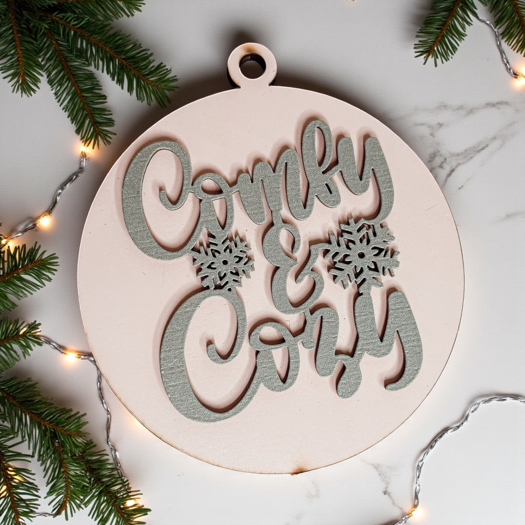 Wooden "Comfy & Cozy" Christmas Ornament — Select Your Color