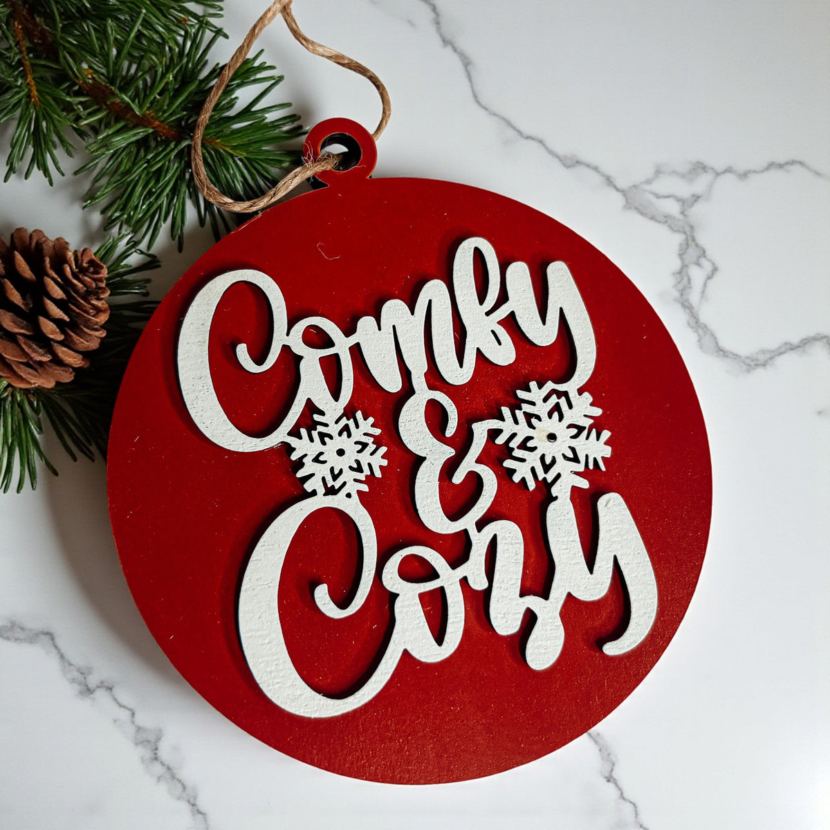 Wooden "Comfy & Cozy" Christmas Ornament — Select Your Color