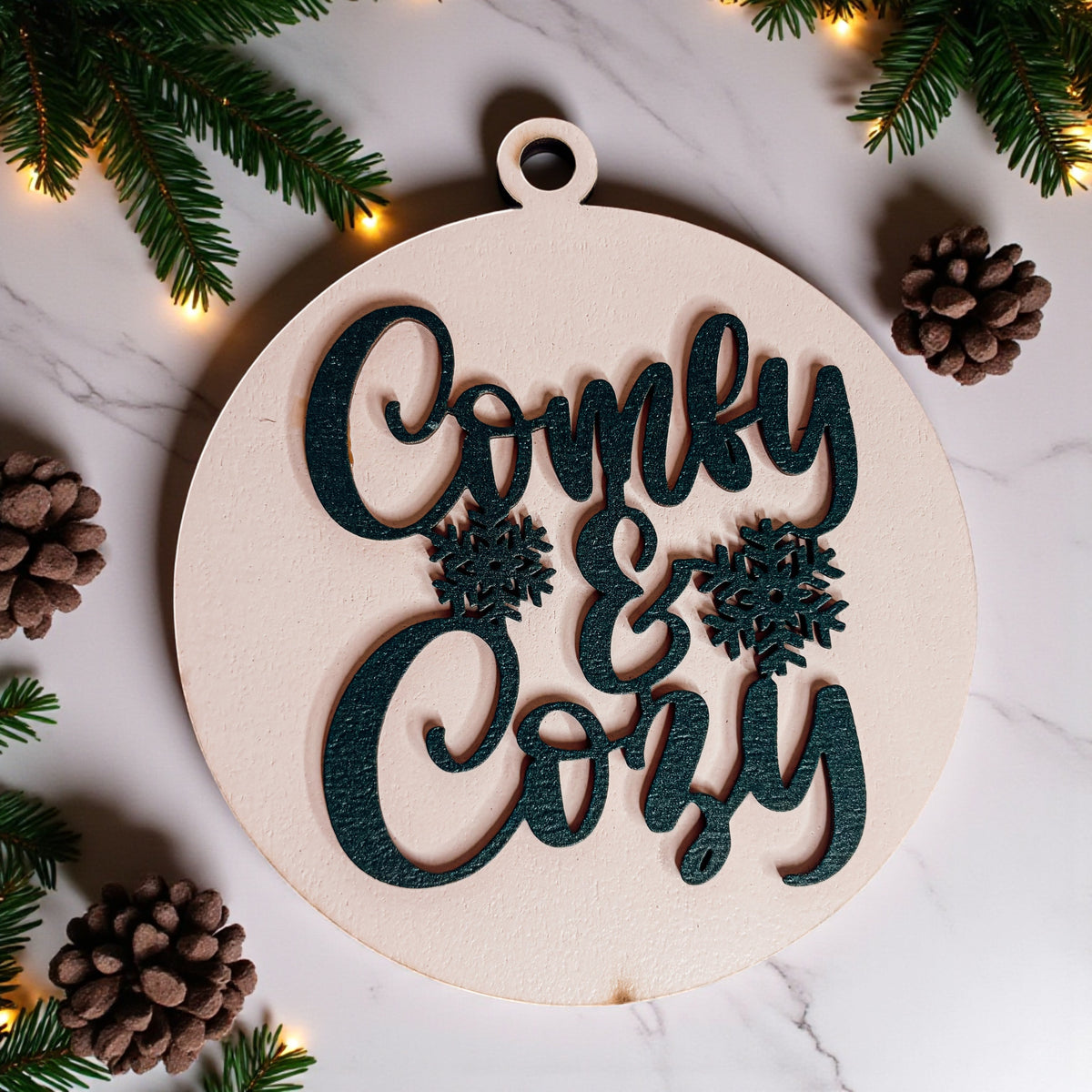 Wooden "Comfy & Cozy" Christmas Ornament — Select Your Color