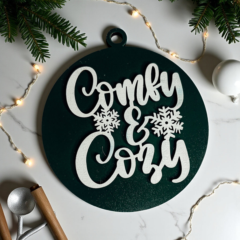 Wooden "Comfy & Cozy" Christmas Ornament — Select Your Color