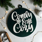Wooden "Comfy & Cozy" Christmas Ornament — Select Your Color