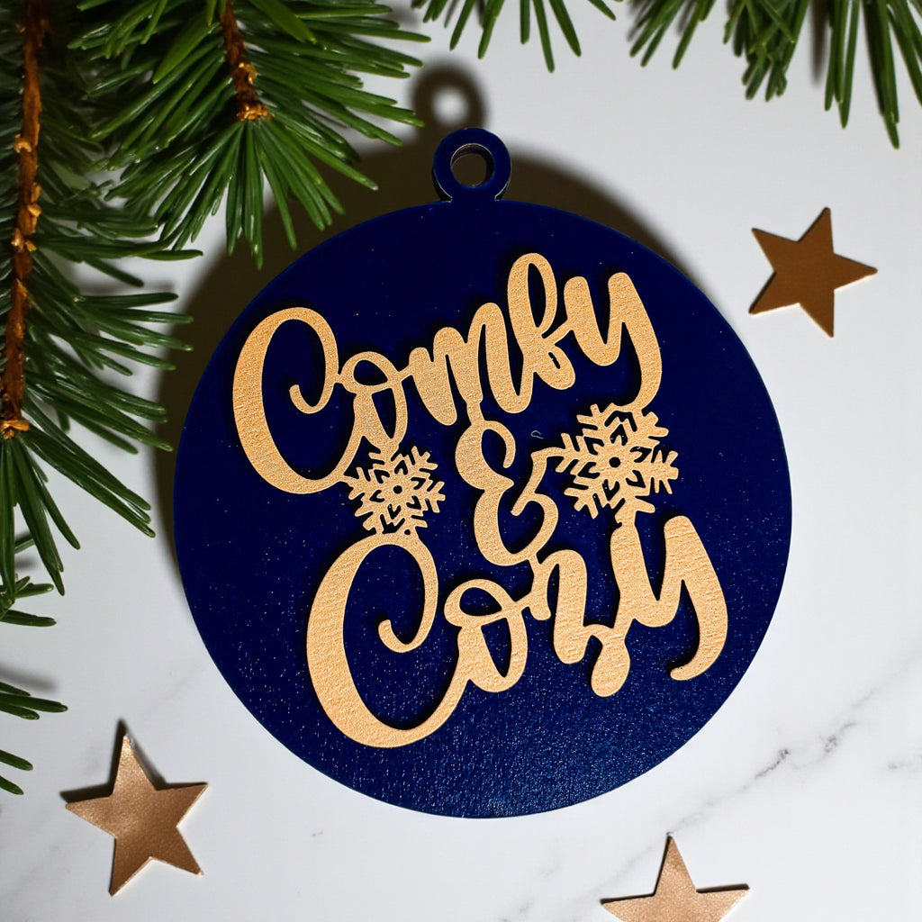 Wooden "Comfy & Cozy" Christmas Ornament — Select Your Color