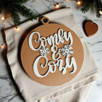 Wooden "Comfy & Cozy" Christmas Ornament — Select Your Color