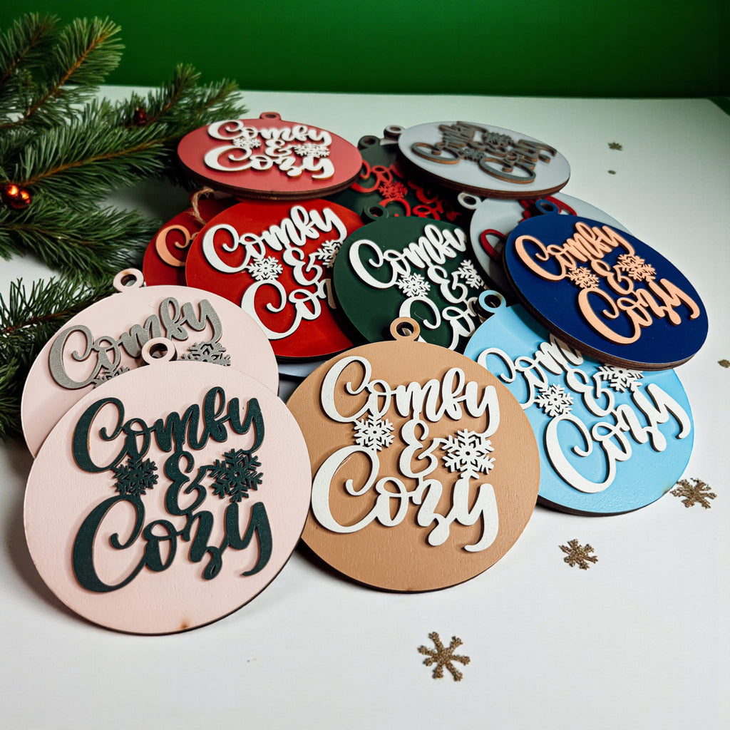 Wooden "Comfy & Cozy" Christmas Ornament — Select Your Color