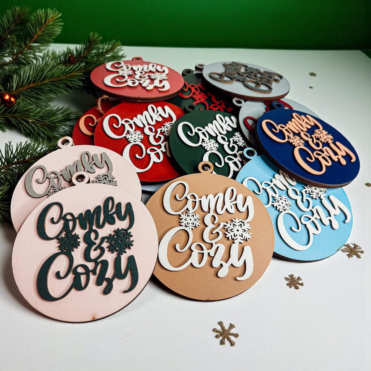 Wooden "Comfy & Cozy" Christmas Ornament — Select Your Color