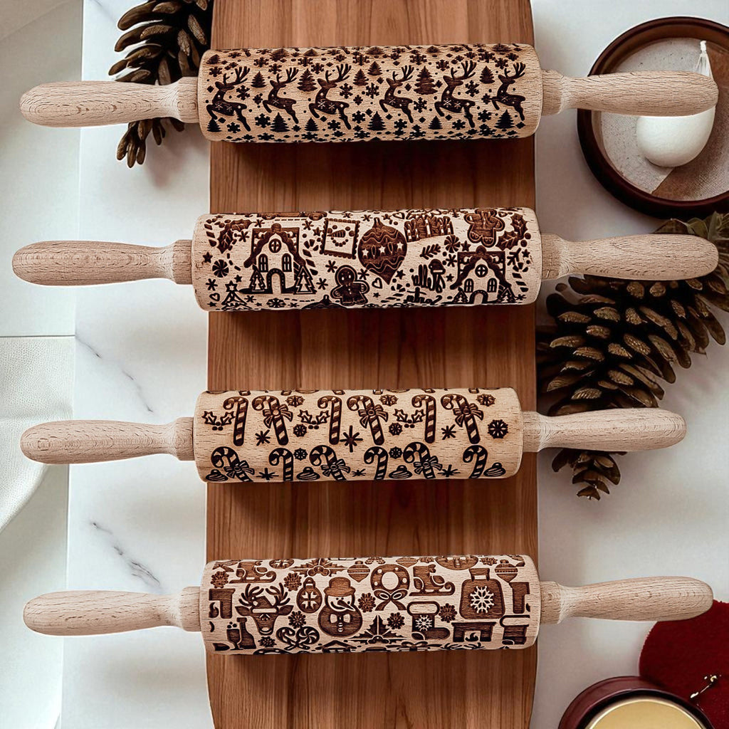 Handmade Wooden Embossed Christmas Rolling Pin Set — Select Your Style & Size