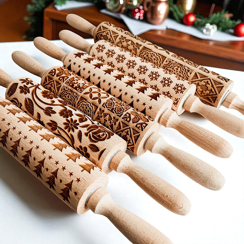 Handmade Wooden Embossed Christmas Rolling Pin Set — Select Your Style & Size