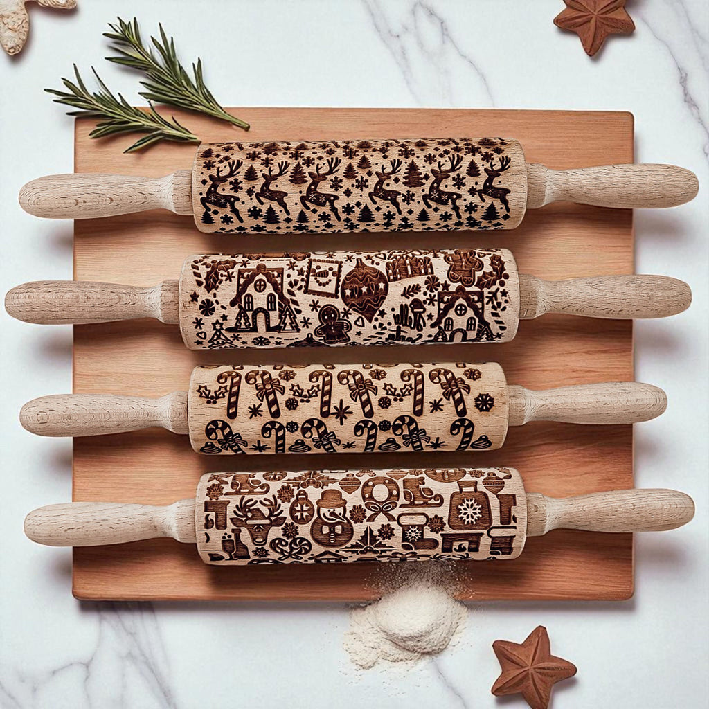 Handmade Wooden Embossed Christmas Rolling Pin Set — Select Your Style & Size