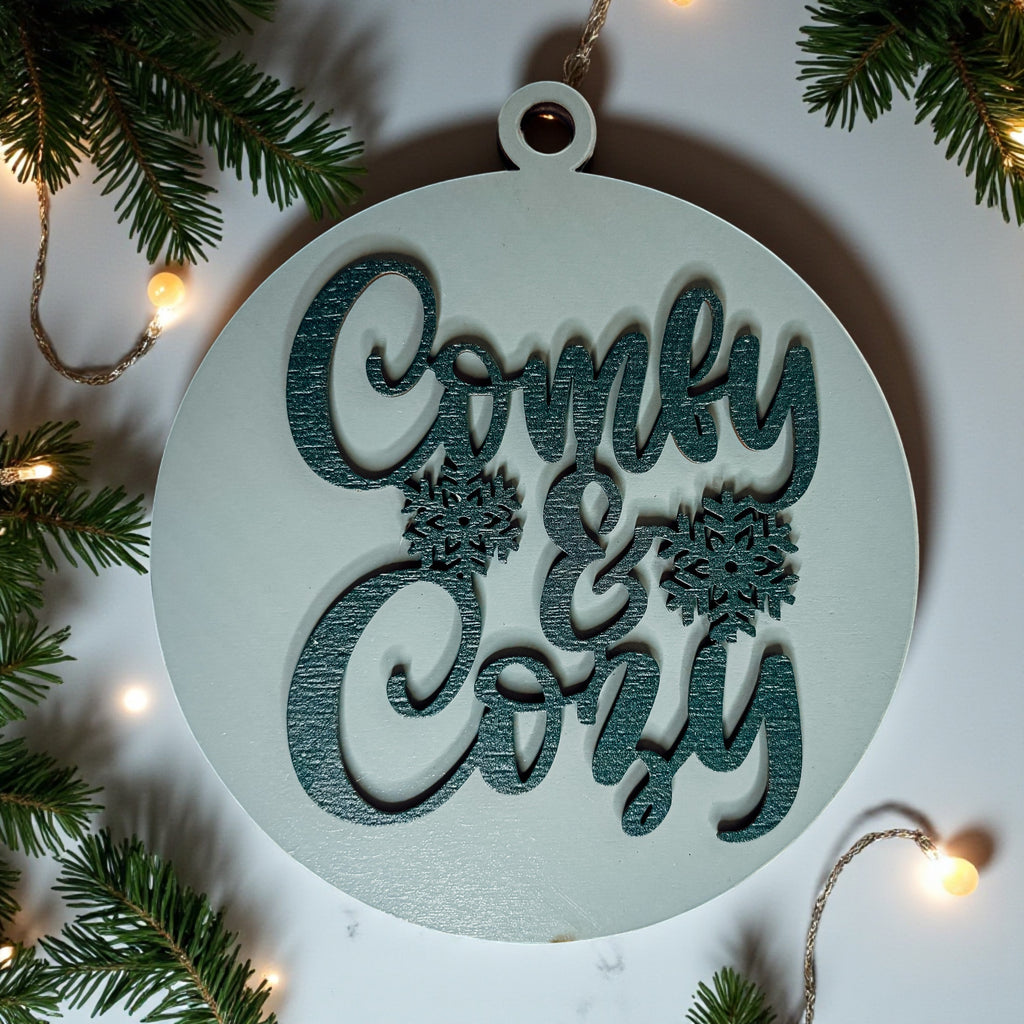 Wooden "Comfy & Cozy" Christmas Ornament — Select Your Color