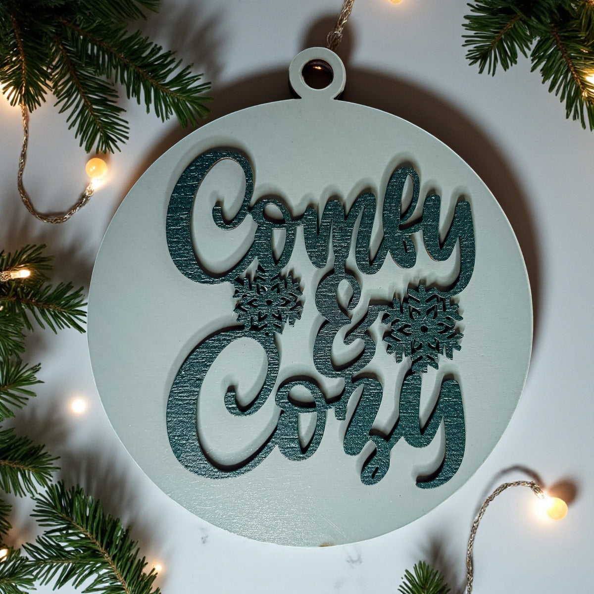Wooden "Comfy & Cozy" Christmas Ornament — Select Your Color