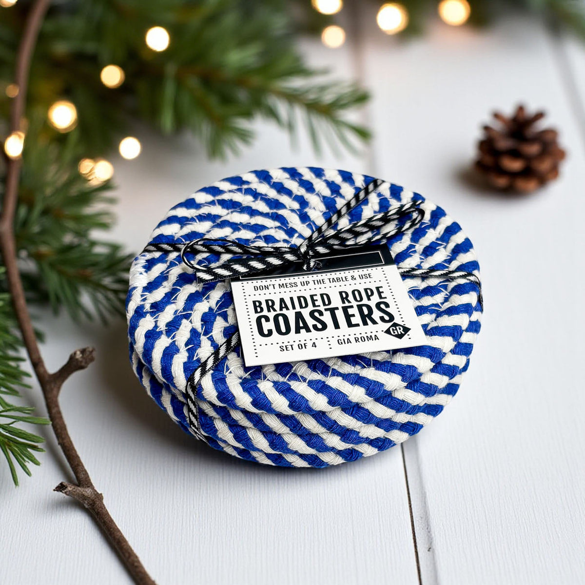 Blue & White Braided Rope Coasters (Set of 4)