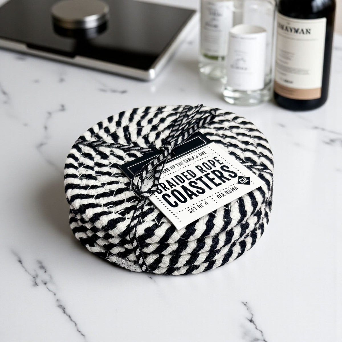 Black & White Braided Rope Coasters (Set of 4)