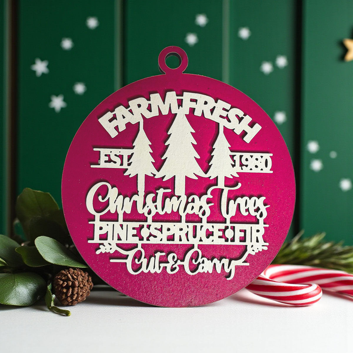 Wooden "Farm Fresh Christmas Trees..." Christmas Ornament — Select Your Color
