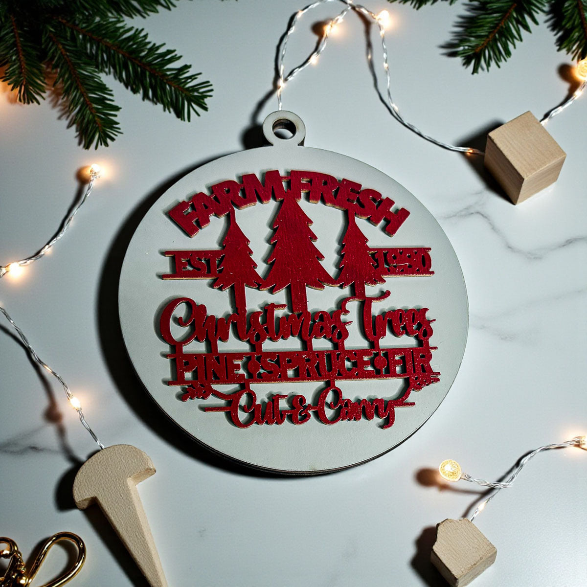 Wooden "Farm Fresh Christmas Trees..." Christmas Ornament — Select Your Color
