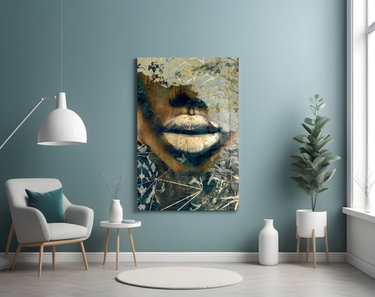 Golden Lips Botanical Collage Glass Wall Art