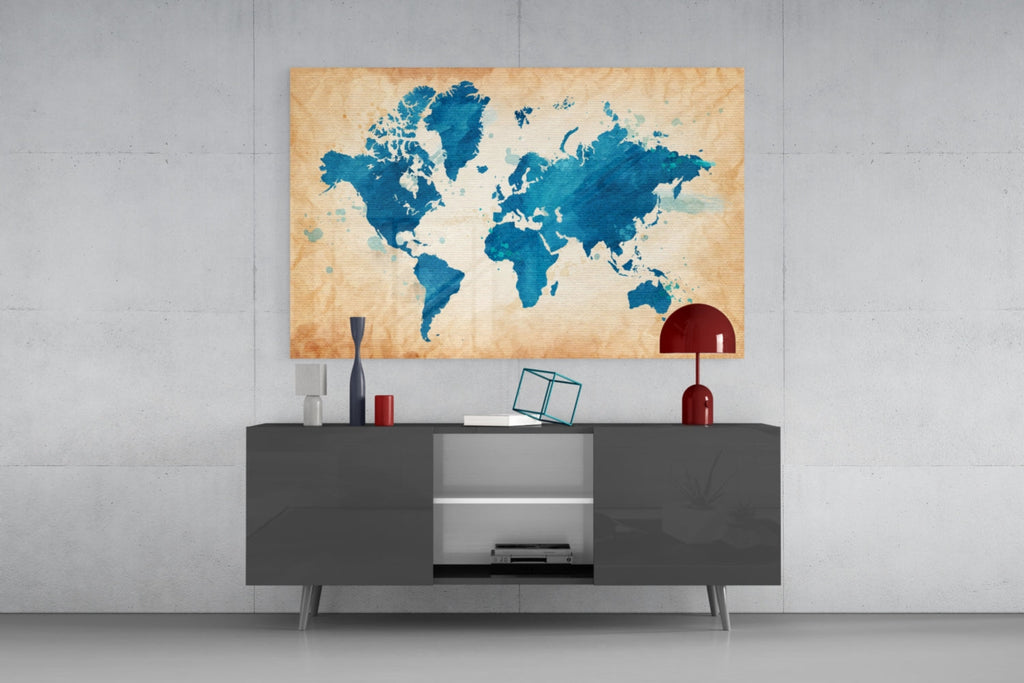 Blue Watercolor World Map Kraft Glass Wall Art