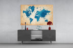 Blue Watercolor World Map Kraft Glass Wall Art