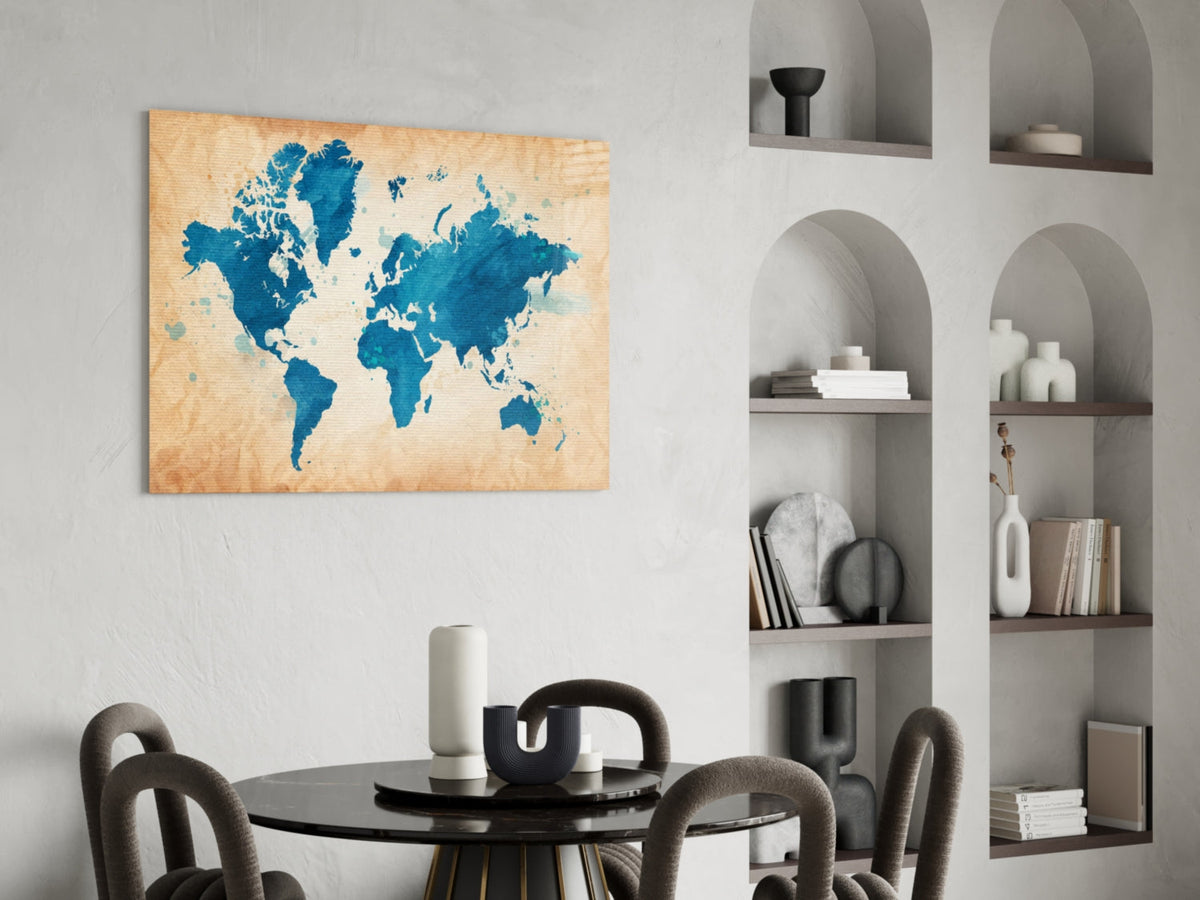 Blue Watercolor World Map Kraft Glass Wall Art