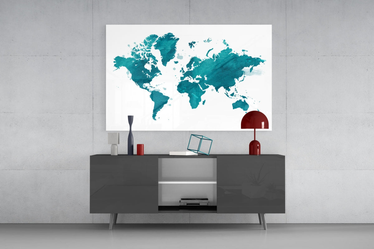 Teal Watercolor World Map Glass Wall Art