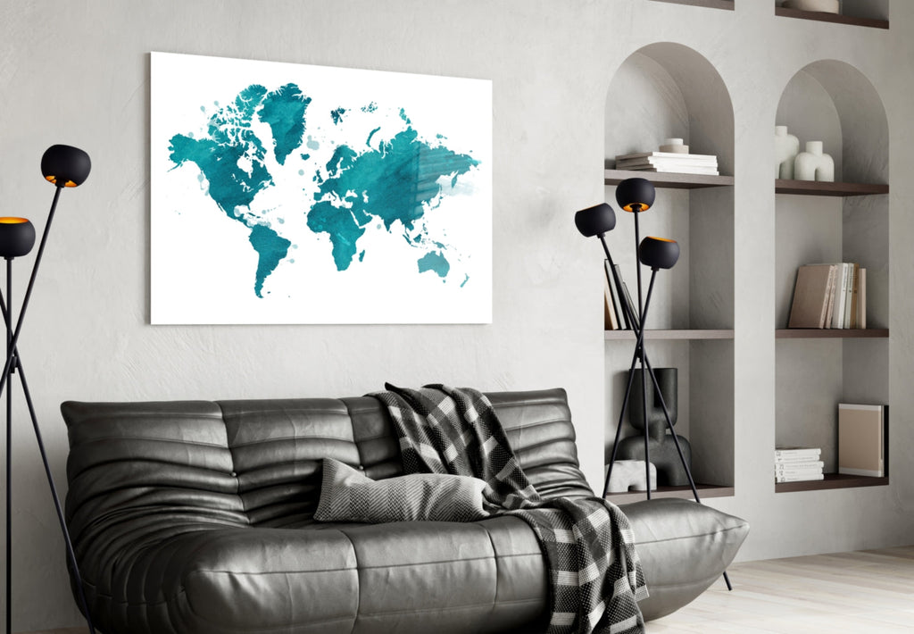 Teal Watercolor World Map Glass Wall Art