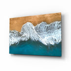 Aerial Golden Shore Waves Glass Wall Art