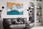 Aerial Golden Shore Waves Glass Wall Art
