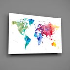 Rainbow Watercolor World Map Glass Wall Art