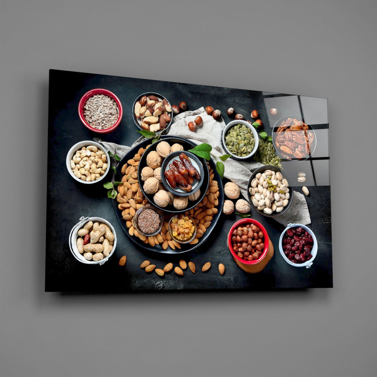 Flat Lay Mixed Nuts Bowls on Slate Glass Wall Art