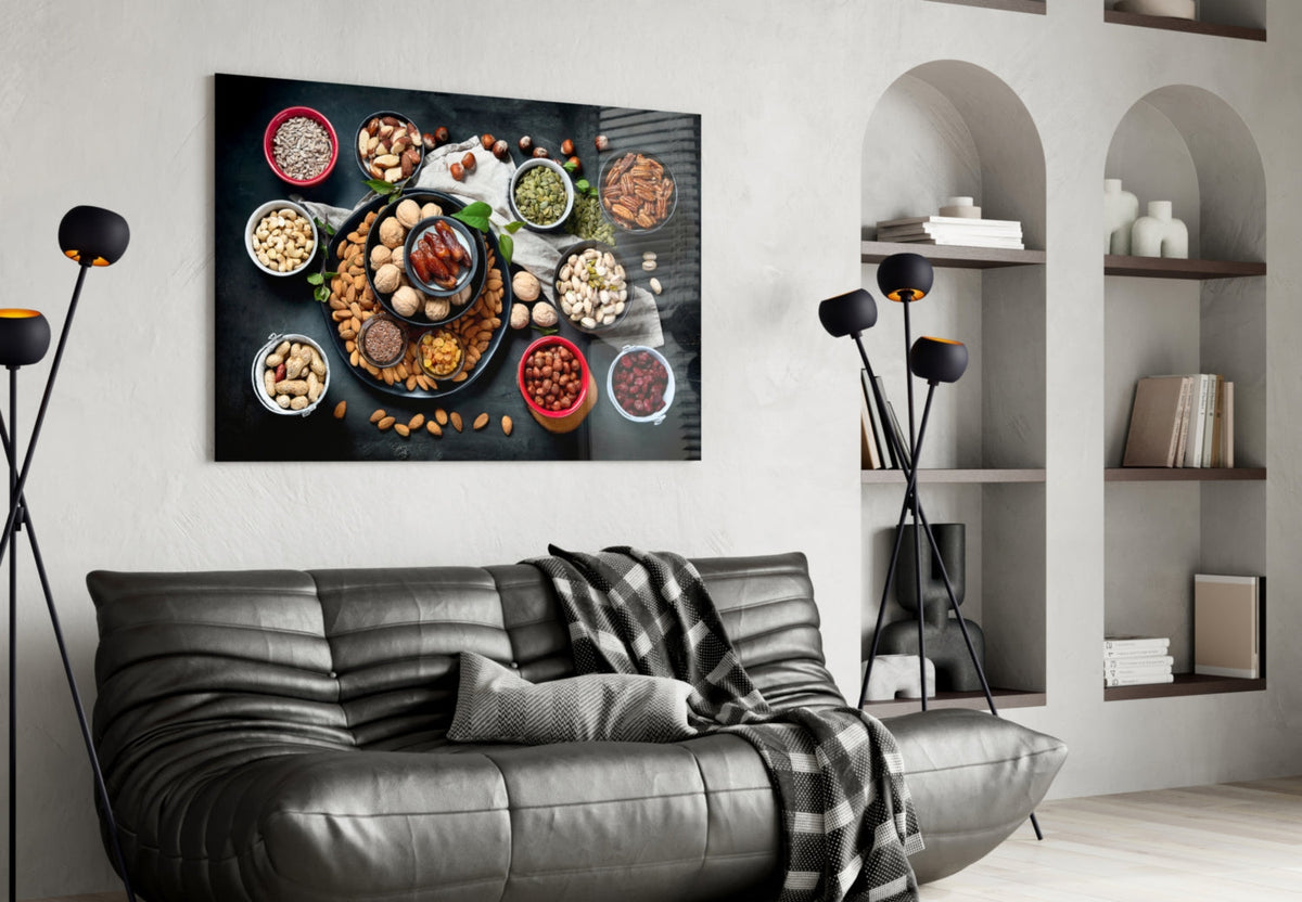 Flat Lay Mixed Nuts Bowls on Slate Glass Wall Art
