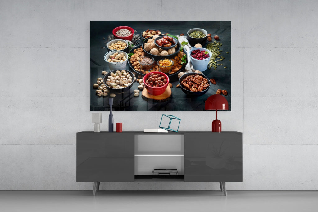 Assorted Nuts and Pistachios Dark Table Glass Wall Art