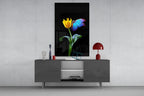 Blue Butterfly Yellow Tulip Glass Wall Art