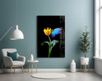 Blue Butterfly Yellow Tulip Glass Wall Art